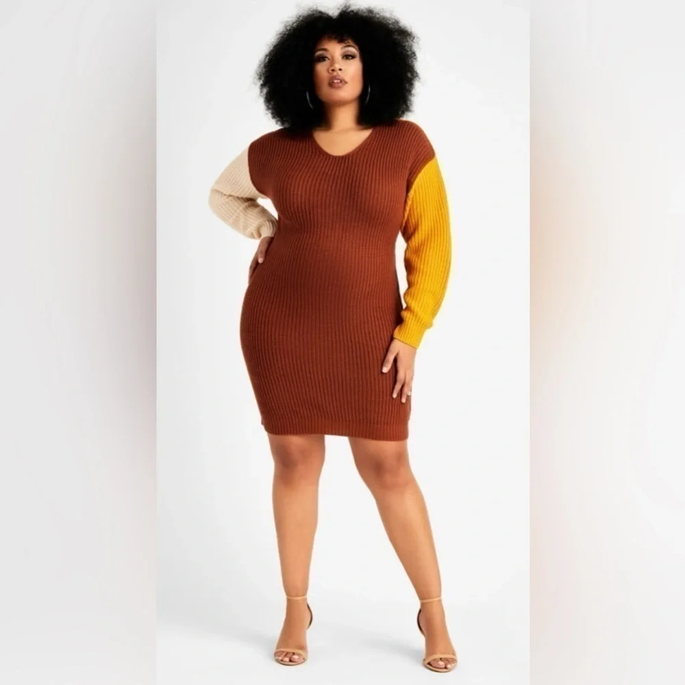 NEW Ashley Stewart Colorblock Cable Knit V-Back Knot Sweater Dress Size 14/16 - Picture 2 of 10